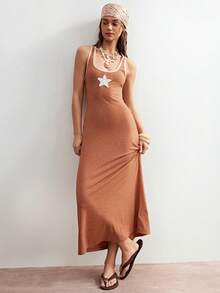 Bohemela 女士无袖休闲长连衣裙，饰有星星贴花边饰设计 - 橘色 - 查看 8