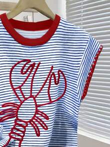 Franclia Women's Lobster Print Contrast Stripe Short Sleeve T-Shirt, Spring/Summer - Multicolor - View 4