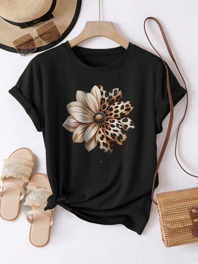 EMERY ROSE Plusstorlek Dam Casual Solros & Leopardmönster Kortärmad Rund Halsad T-shirt