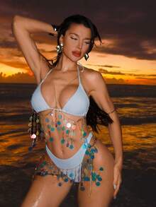 Swim SXY 2件套闪亮亮片金链沙滩罩衫比基尼，适合春夏音乐节 - 彩色 - 查看 4