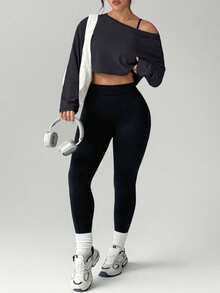 Rhythm Era Plus Size Black Seamless Camisole Long Sleeve Top And Pants Sports Suit Curve Leggings Women's Gym Wear Black Workout Set Athleisure For Women Gym Outfit For Women Women's Workout Set Black Activewear Set - Black - View 3