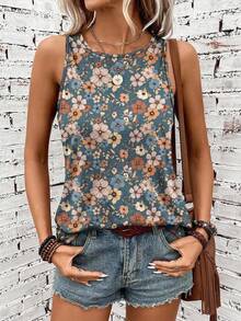 EMERY ROSE Casual Retro Floral Pattern Round Neck Women Tank Top, Suitable For Autumn And Summer Suitable For Going Out,Casual - Blue - View 5