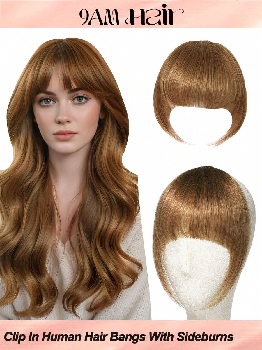 Clip In Hair Bangs 100% Human Hair Bangs 6# Light Brown Clip In Bangs Fringe With Temples Real Human Hair Fake Bangs Extensions  For Women  Daily Wear - S6 - View 1