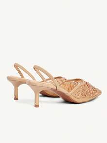 CUCCOO CHICEST Women's Embroidered Mesh Beaded Square Toe Mid-Heel Slip-On Pumps, Elegant Party Wear Stilettos - Apricot - View 7