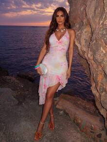 SHEIN Allurite Asymmetric Hem Printed Halter Neck Dress, Women's Vacation Pink Dress - Pink - View 3