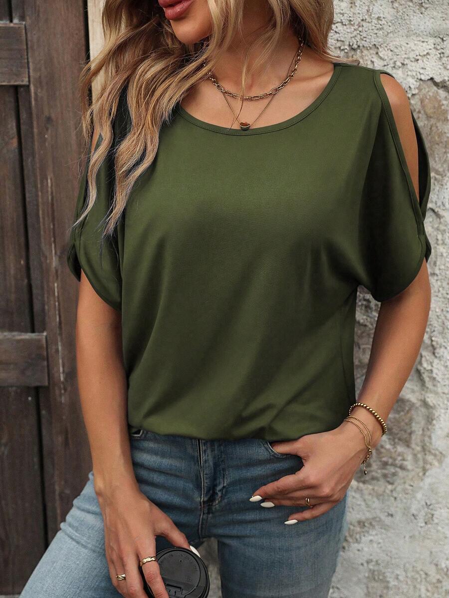 EMERY ROSE Summer Casual Solid Color Off-Shoulder Short Sleeve T-Shirt - Army Green - View 1
