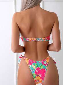Swim Basics Summer Beach Floral Print Bandeau Tie Side Bikini Set - Multicolor - View 2