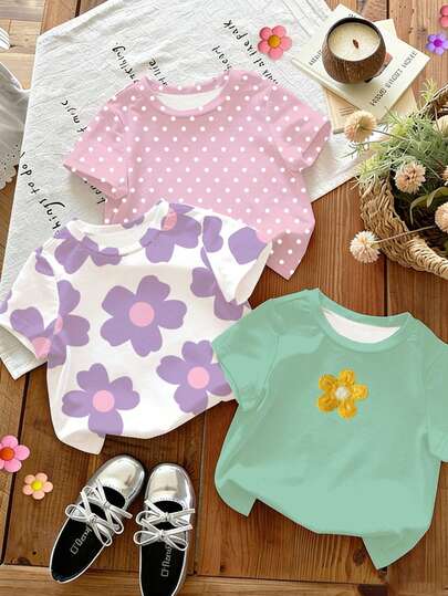 3pcs/Set Young Girls' Casual Comfortable Fashionable Vacation Purple Floral, Pink Polka Dot, Embroidery Flower Print Short Sleeve Round Neck T-Shirts, Suitable For Spring/Summer