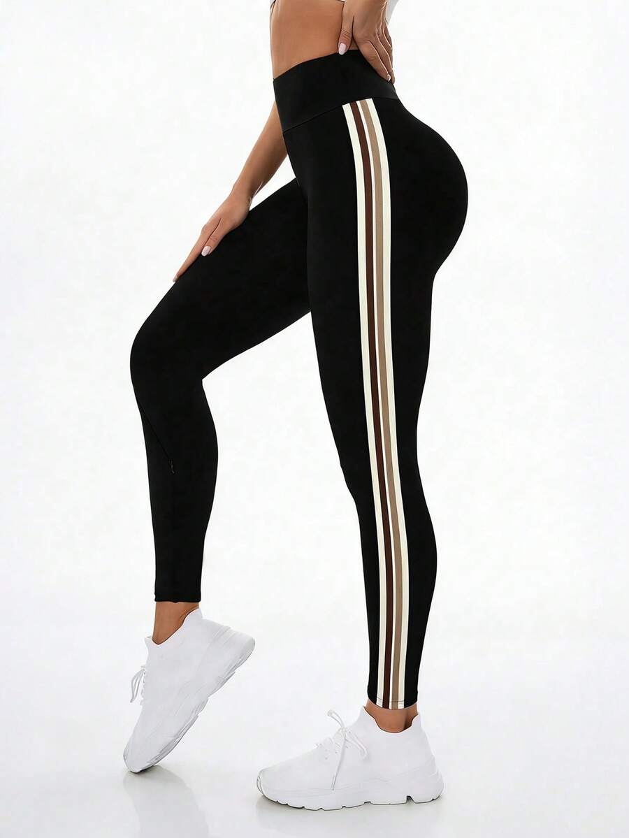 SHEIN Dewbera Quần legging thể thao nữ màu đen ôm sát, dài đến 3/4, cạp quần có sọc tương phản bên hông, thời trang và đa năng, phù hợp cho mặc hàng ngày, chạy bộ, yoga, tập gym, tennis, golf, đạp xe. - màu đen - Xem 1