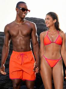 Manfinity VDAYZ Men's Contrast Trim Casual Beach Shorts Couple Matching Swimwear Vacation Couples Beach Wear Men And Women Matching Swimsuit Trunk Matching Swim Trunks And Bikini Bathing Suit Couple Set - Orange - View 3