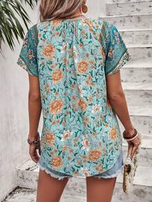 SHEIN Unity Floral Print Tie Neck Blouse - Green - View 2