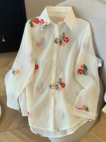 Conjunto de camisa de manga larga con hombros caídos y estampado floral de gasa holgada + pantalones cortos - Rosa - Ver 11