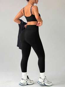 Rhythm Era Plus Size Black Seamless Camisole Long Sleeve Top And Pants Sports Suit Curve Leggings Women's Gym Wear Black Workout Set Athleisure For Women Gym Outfit For Women Women's Workout Set Black Activewear Set - Black - View 2