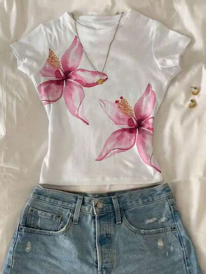 Glimmora Camiseta corta casual con estampado digital de lirios de verano, adecuada como regalo para amigos