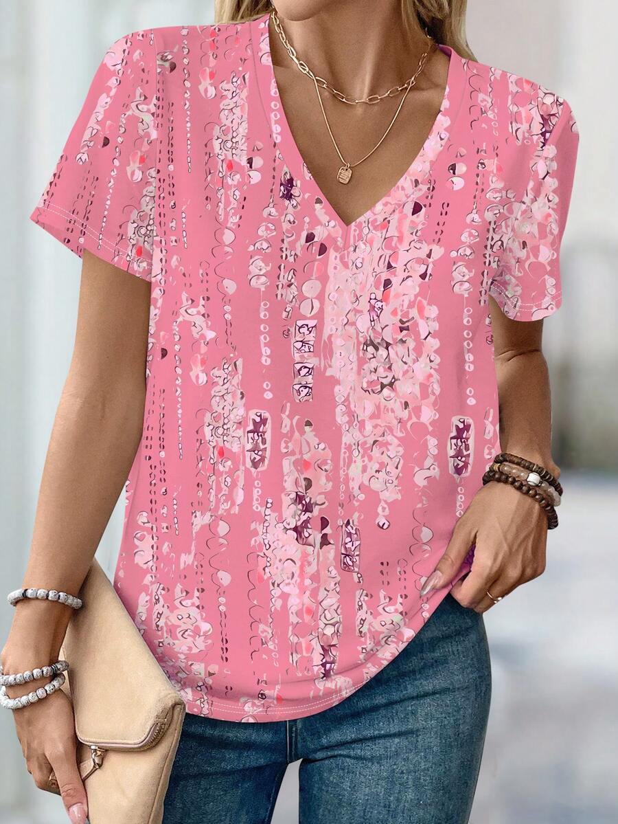 EMERY ROSE Áo thun ngắn tay cổ chữ V in họa tiết, dáng rộng, mùa hè dành cho nữ, cỡ lớn. - Nhiều màu - Xem 1