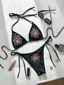 Swim Mod 女士露背水钻装饰红色比基尼两件套泳衣，适合海岛海滩、度假村、泳池派对、游轮、音乐节、舞台表演等场合。 - 黑色 - 查看 3