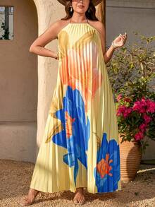 EMERY ROSE Plus Size Boho Pleated Halter Sleeveless Multicolor Long A Line Dress For Beach Vacation - Multicolor - View 3