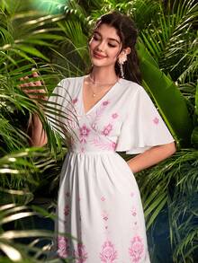 Modelyn Đầm nữ kiểu Pháp họa tiết hoa, cổ chữ V, viền bèo nhún, eo thắt, tay ngắn. - Hồng - Xem 6