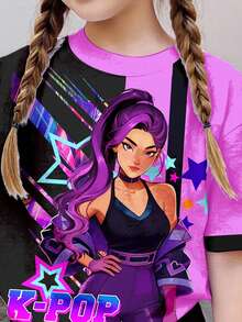 紫色与深黑色撞色，韩式卡通女孩印花，少女休闲短袖T恤短裤两件套，适合夏季穿着 - 彩色 - 查看 3