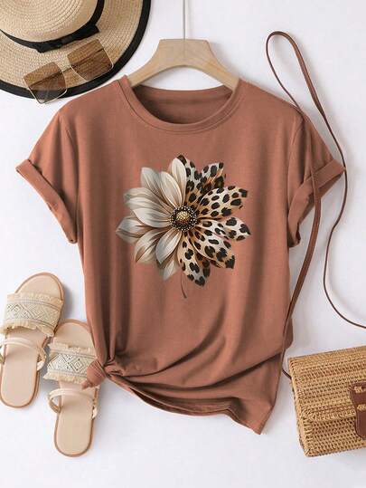 EMERY ROSE Plus Size Women Casual Sunflower & Leopard Print Short Sleeve Round Neck T-Shirt