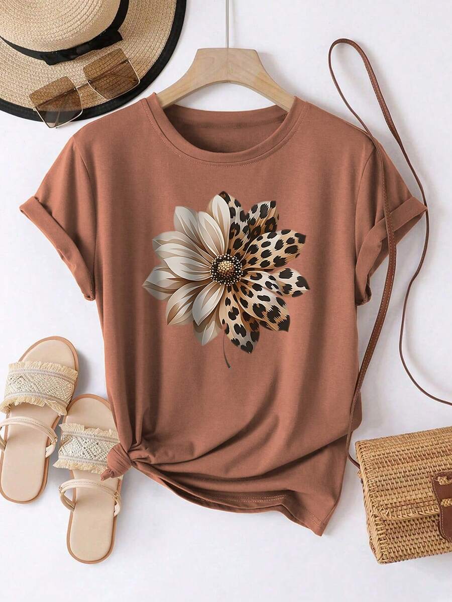 EMERY ROSE Camiseta de manga corta con cuello redondo y estampado de girasol y leopardo para mujer talla grande - Marrón - Ver 1