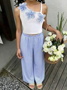 Tween Girl Summer Fresh Sweet 3D Floral Decor Asymmetrical Shoulder Top And Striped Pants Set - Blue - View 1