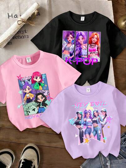 3pcs/Set Girls' Casual Creative Personality Refreshing Minimalist Chic Kpop Virtual Girl Group Colorful Star Graphic Letter Print Basic Short T-Shirts, Black/Pink/Purple, Comfortable Daily Wear, Suitable For Spring, Summer And Autumn