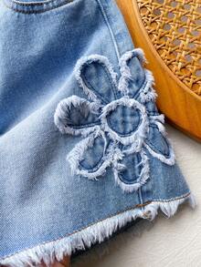 SHEIN Genkimix Kids 少女休闲牛仔短裤，新款上市，彩色星星刺绣，蓝色水洗流苏边 - 藍色 - 查看 4