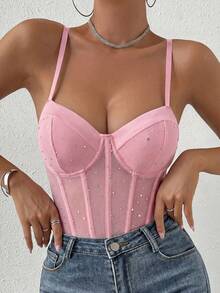 Glamine Women's Pink Rhinestone Decor Camisole Bodysuit - Pink - View 3