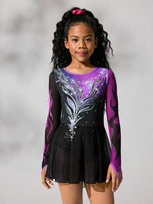 SHEIN Leotardo de manga larga para patinaje artístico para niñas preadolescentes, diseño degradado de colores, falda de malla suave y elástica, cómodo para actuaciones y entrenamientos de patinaje artístico - Multicolor - Ver 3