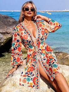 Swim Lushoire Kimono de verano para playa de estilo bohemio con estampado de malla, nudo delantero y cordón ajustable para vacaciones - Multicolor - Ver 4