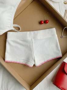 SHEIN EZwear Quần short ôm sát màu hồng nhạt, kiểu dáng tối giản, chống xù lông, viền ren thêu, cạp chun có dây rút, họa tiết hoa, thích hợp cho mùa hè, kỳ nghỉ, tiệc bãi biển. - trắng - Xem 2