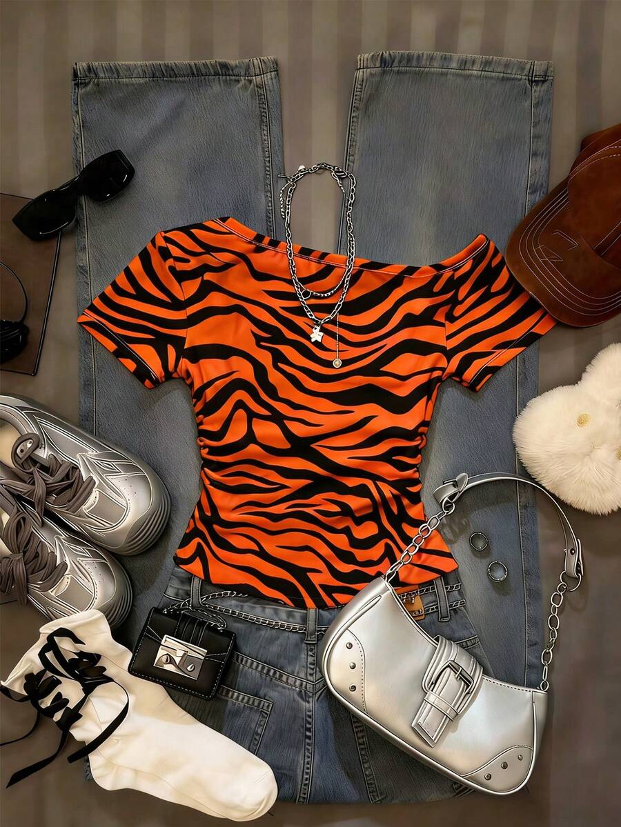 Glimmora Women's Summer Fashion Asymmetric Neck Zebra Print T-Shirt - White - View 1