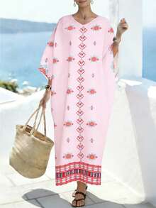 SHEIN Najma Áo choàng dài tay cánh dơi cổ chữ V phối họa tiết vỏ sò in kỹ thuật số, kiểu dáng rộng rãi cho nữ, họa tiết hoa lá, thích hợp cho mùa xuân/hè. - Nhiều màu - Xem 4