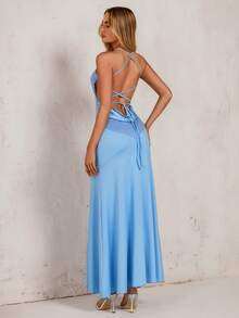 Glamine Vestido de mujer de unicolor con tirantes finos y espalda descubierta, de moda para el verano - Azul - Ver 2