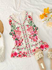 Trelyra 时尚度假女式背心，印花设计，荷叶边领口，休闲宽松度假风。 - 彩色 - 查看 3