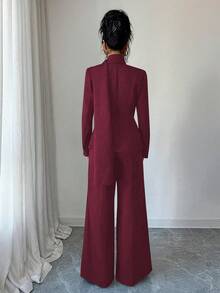SHEIN Elenzya Bộ vest công sở thanh lịch màu trơn gồm áo khoác hai hàng cúc và quần ống rộng. - Màu Đỏ Sâu - Xem 2
