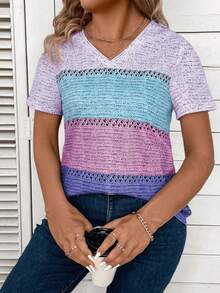 EMERY ROSE Áo thun nữ cỡ lớn cổ chữ V tay ngắn phối màu tương phản, in họa tiết. - Nhiều màu - Xem 4