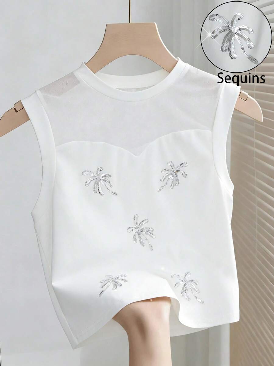 GlowEve Women's French Sexy Heavy Sequin Embroidery Pattern Stylish Mesh Splicing Short Sleeve T-Shirt, Summer - White - View 1