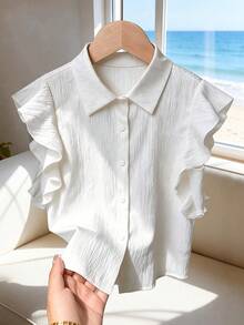 SHEIN Women's Elegant White Summer Ruffle Sleeve Shirt,Versatile Textured Fabric Button Front Blouse For Brunch,Vacation,Commute,Daily,Cropped Cotton Top - White - View 2
