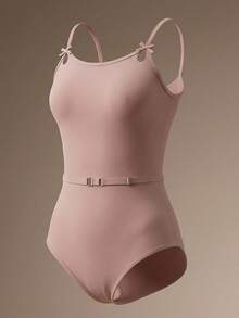 少女粉色极简主义高弹力无袖紧身衣，配有蝴蝶结和网纱镂空设计，适合学校、专业训练、芭蕾舞、体操、舞蹈工作室练习。 - 粉色 - 查看 4