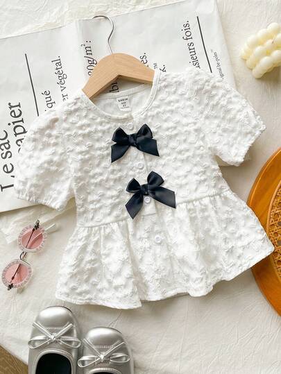 Genkimix Kids Young Girl White Textured Jacquard Bowknot Petal Sleeve Blouse, Children's Short Sleeve Shirt