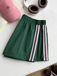 Comfortcana Plus Size Women Retro Sports Style Casual Brown Contrast Stripe Shorts - Green - View 1