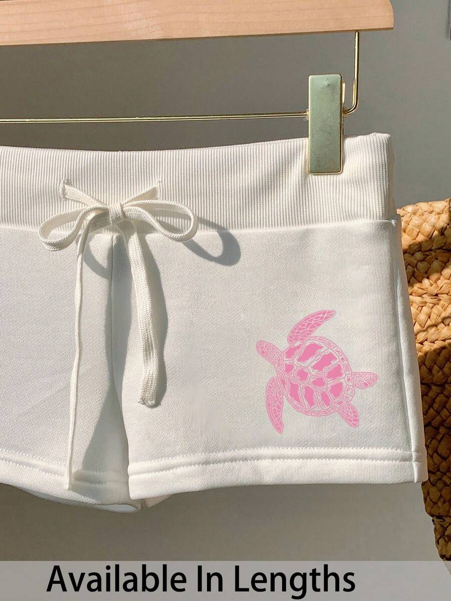 SHEIN Comfortcana Quần short dáng ôm màu trắng, tối giản, in hình rùa biển, có dây rút. - trắng - Xem 1