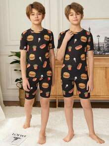 SHEIN 2 piezas Conjunto de pijama de niño preadolescente ajustado con estampado de hamburguesa y papas fritas, de cuello redondo y manga corta, camiseta y pantalones cortos suaves y cómodos, adecuado para primavera/verano, hogar, fiesta - Negro - Ver 7