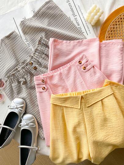 SHEIN Genkimix Kids 3pcs/Set Girls' Casual Urban Commuting Style Loose Straight Leg Pants, Wide Leg Trousers, Yellow, Pink, Plaid Combination, Fashionable Summer Outfit