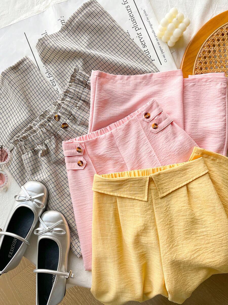 SHEIN Genkimix Kids 3件套少女休闲都市通勤风宽松直筒裤,阔腿裤,黄色、粉色、格子拼接,时尚夏季 - 黃色 - 查看 1