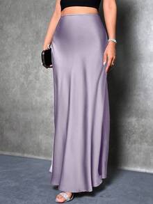 女士纯色美人鱼款长裙，缎面裙，优雅连衣裙，适合派对、日常穿着，黑色裙子 - 紫色 - 查看 3