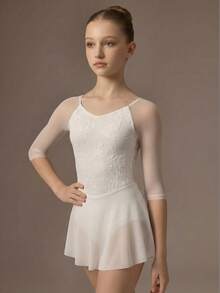 Tween Girls White Minimalist V-Neck High Stretch Fabric Velvet Lace Contrast Mesh Long Sleeve Leotard Dress, Suitable For School, Professional Ballet, Gymnastics, Dance Studio Training - White - View 2