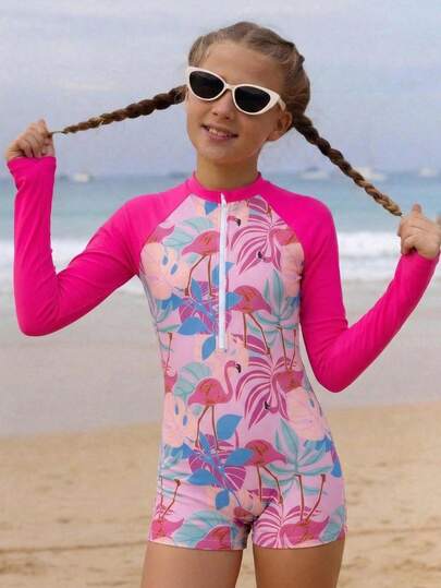 Tween Girl New Fashion Pink One-Piece Swimsuit With Multi-Color Prints Summer Holiday